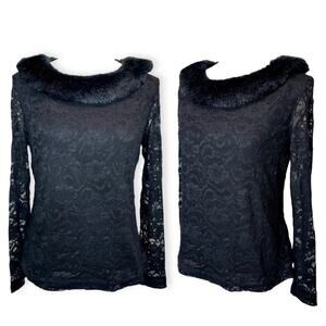 Y2K Faux Fur Shoulder Black Lace Blouse